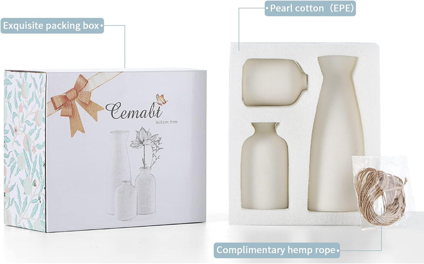 CEMABT Beige Ceramic vase Set-3 Small Flower vases for Decor,Modern Boho Farmhouse Home Decor,Decorative vase for Pampas Grass&Dried Flowers,idea Shelf,Table,Bookshelf ，Entryway- Distressed
