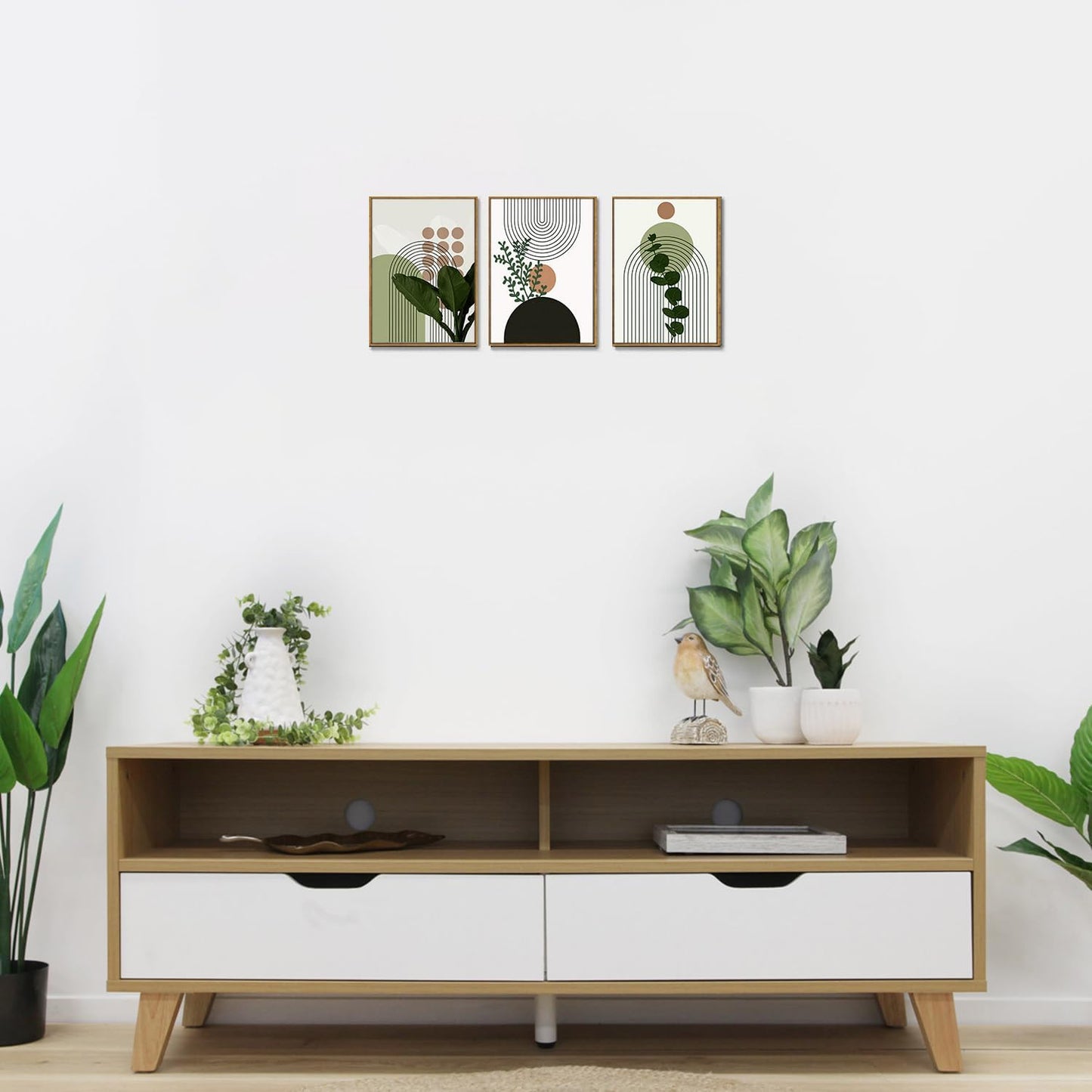 Bwodke Boho Wall Art, Framed Abstract Wall Art, Green Botanical Neutral Canvas Wall Decor, Large Mid Century Plant Pictures Set of 3, Modern Minimalist Paintings, for Bedroom Living Room Bathroom