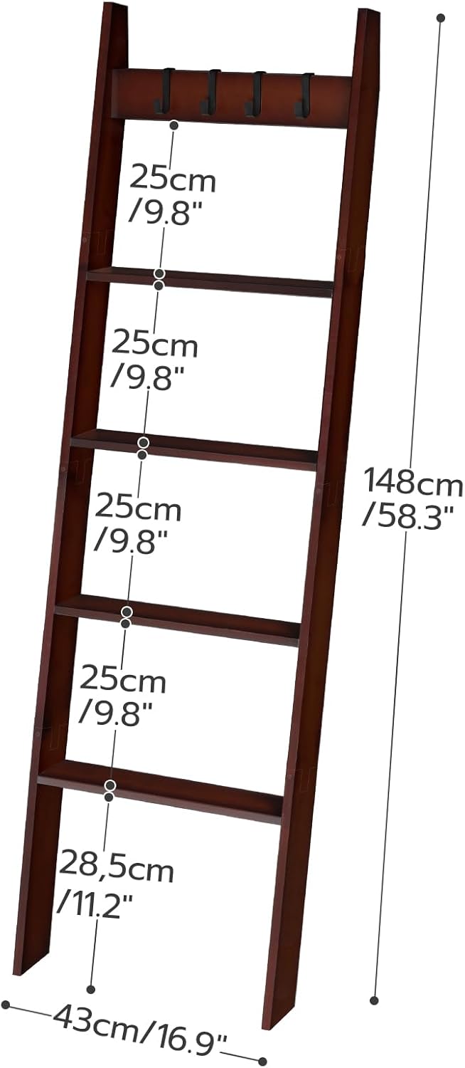 HOOBRO Blanket Ladder for Living Room and Bedroom, 5-Tier Wall Leaning Towel Rack for Bathroom, Decorative Ladder Shelf with 4 Removable Hooks, Farmhouse Blanket Storage, Mocha MA51CJ01G1