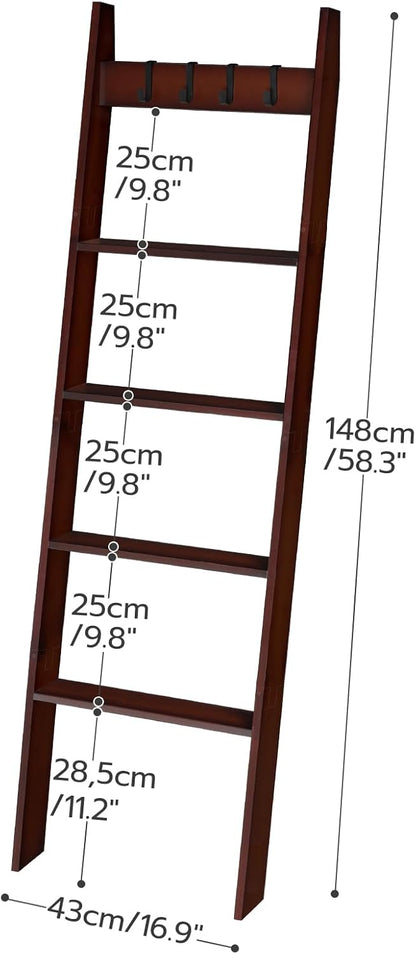HOOBRO Blanket Ladder for Living Room and Bedroom, 5-Tier Wall Leaning Towel Rack for Bathroom, Decorative Ladder Shelf with 4 Removable Hooks, Farmhouse Blanket Storage, Mocha MA51CJ01G1