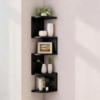 No-Drill Corner Shelf Wall Mount, 5-Tier Floating Corner Bookshelf with Hooks, Space-Saving Zigzag Plant Shelf for Bedroom, Living Room, Bathroom, Home Office