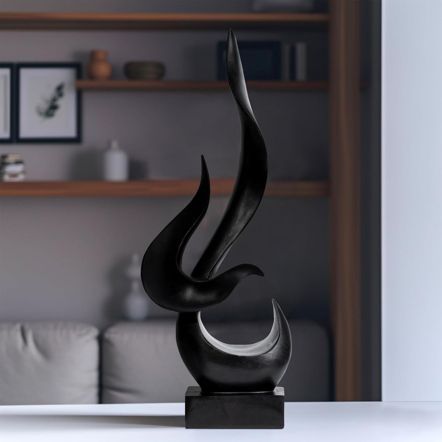 Black Fire Flame Sculpture, Modern Abstract Resin Statue, Art Statue Home Decor for Living Room TV Stand Coffee Table Shelf Accents Decor.