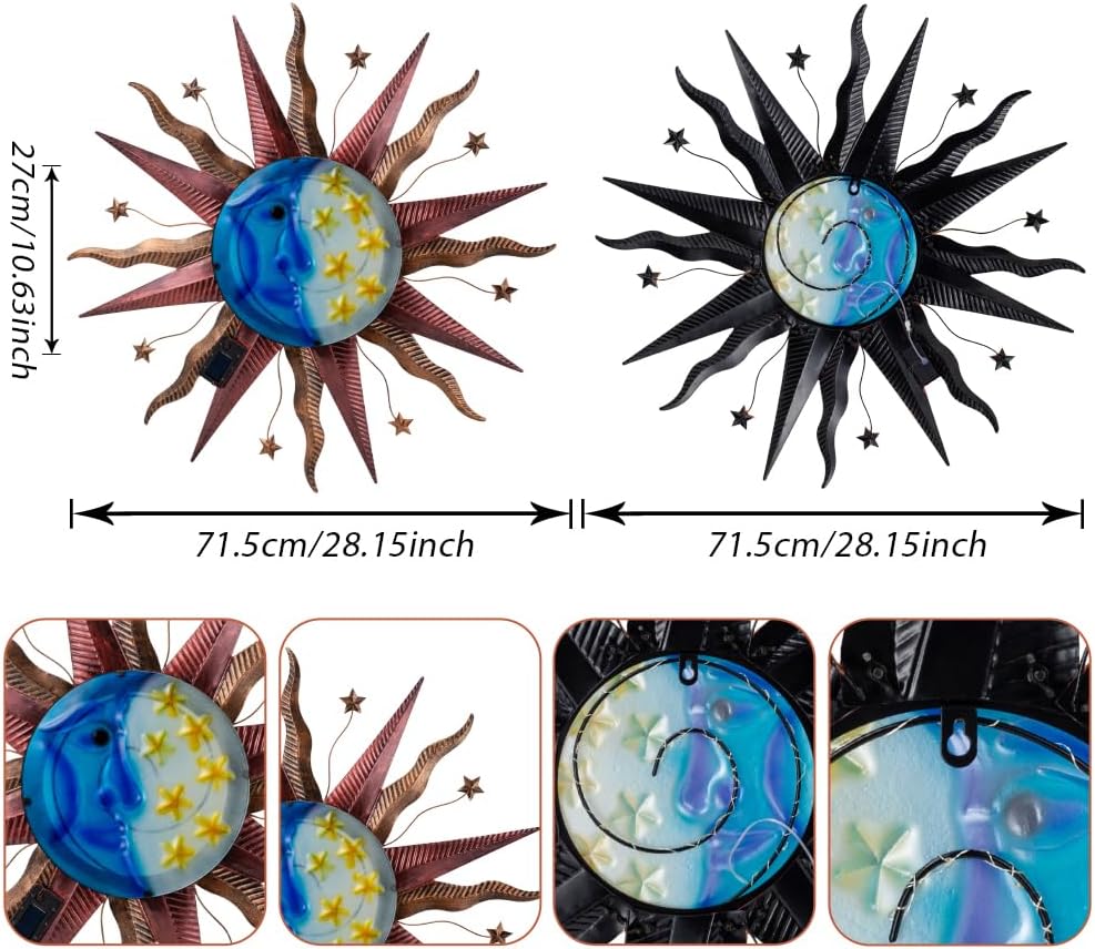 Large Metal Sun Wall Decor Outdoor, 27 Inch Sun and Moon Decor Metal Wall Art, 3D Sun Wall Decor for Patio Garden Yard Fence Bedroom Living Room Decoration