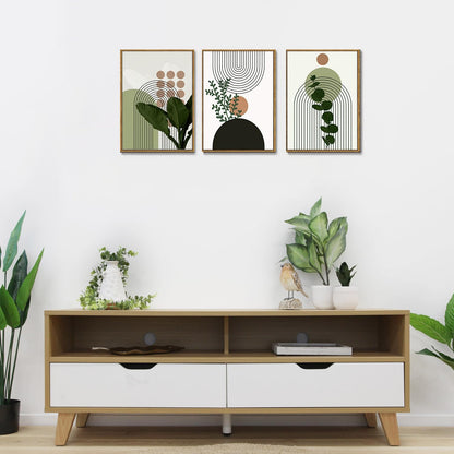 Bwodke Boho Wall Art, Framed Abstract Wall Art, Green Botanical Neutral Canvas Wall Decor, Large Mid Century Plant Pictures Set of 3, Modern Minimalist Paintings, for Bedroom Living Room Bathroom