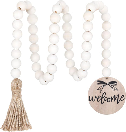 Meplait Love Wooden Bead Garland with Tassel, Decorative Beads Home Decor Farmhouse Tassel Garland Boho Decor for Tiered Tray（38in）