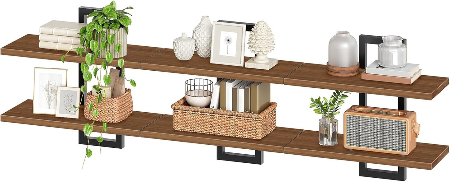 HOOBRO Floating Shelves, 15 Inch Wall Shelf Set of 2, Wall Mounted Storage Shelves 2-Tier, Hanging Bathroom Shelves, for Living Room, Bedroom, Bathroom, Kitchen, Rustic Brown and Black BF32BJ01G1