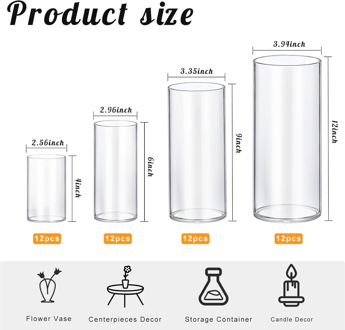 48 Pack Glass Cylinder Vases 4,6,8,10 Inch Tall Clear Flower Vase Hurricane Floating Candle Holder for Table Centerpiece Wedding Home Decor