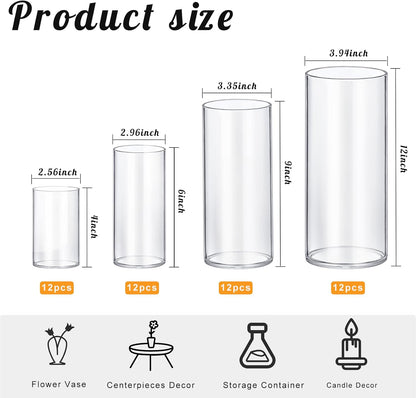 48 Pack Glass Cylinder Vases 4,6,8,10 Inch Tall Clear Flower Vase Hurricane Floating Candle Holder for Table Centerpiece Wedding Home Decor