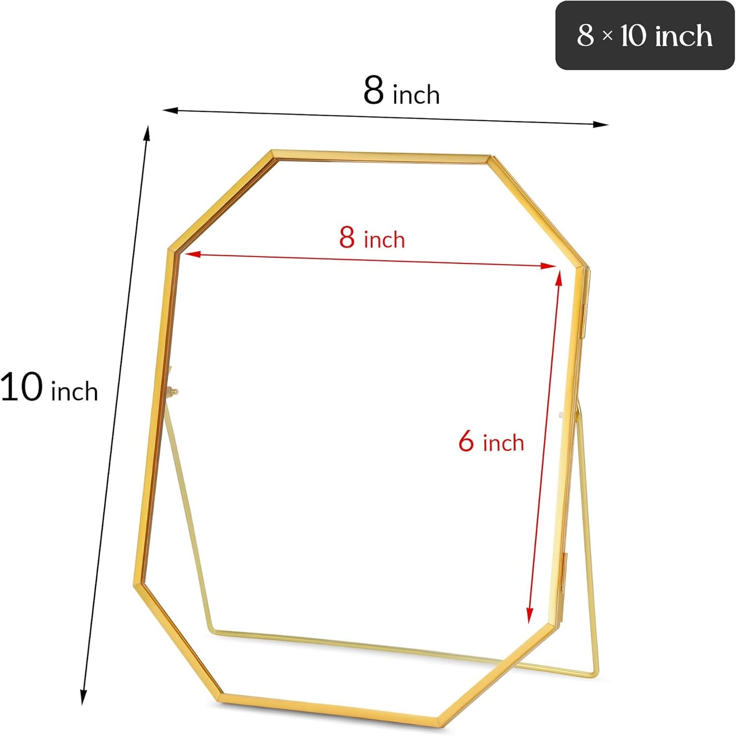 REDHUGO Glass Pressed Flower Frame Handmade, Metal Floating Picture Frame, Double Glass for Tabletop Display, Unique Brass Octagon, Gold, 5x7 Inches (Frame Only)