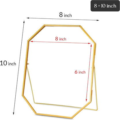 REDHUGO Glass Pressed Flower Frame Handmade, Metal Floating Picture Frame, Double Glass for Tabletop Display, Unique Brass Octagon, Gold, 5x7 Inches (Frame Only)