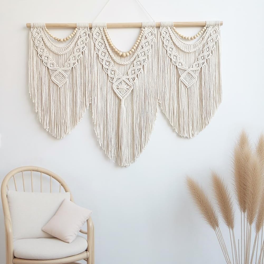 oiikain Large Handmade Boho Macrame Wall Hanging Tapestry - Chic Bohemian Woven Home Decor art for Living Room, Bedroom, and Wedding Parties (Beige, twelve rhombus)