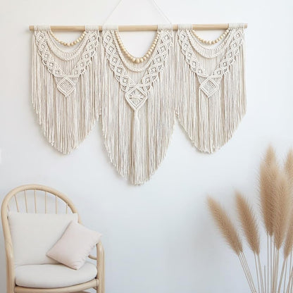 oiikain Large Handmade Boho Macrame Wall Hanging Tapestry - Chic Bohemian Woven Home Decor art for Living Room, Bedroom, and Wedding Parties (Beige, twelve rhombus)