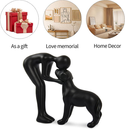 Abstract Resin Hand-Painted Sculpture of Person and Dog Bonding – Head-to-Head Intimate Figurine Decoration for Office、Living Room、Bedroom、Home， Memory Gifts for Pet Lovers (Sandstone)