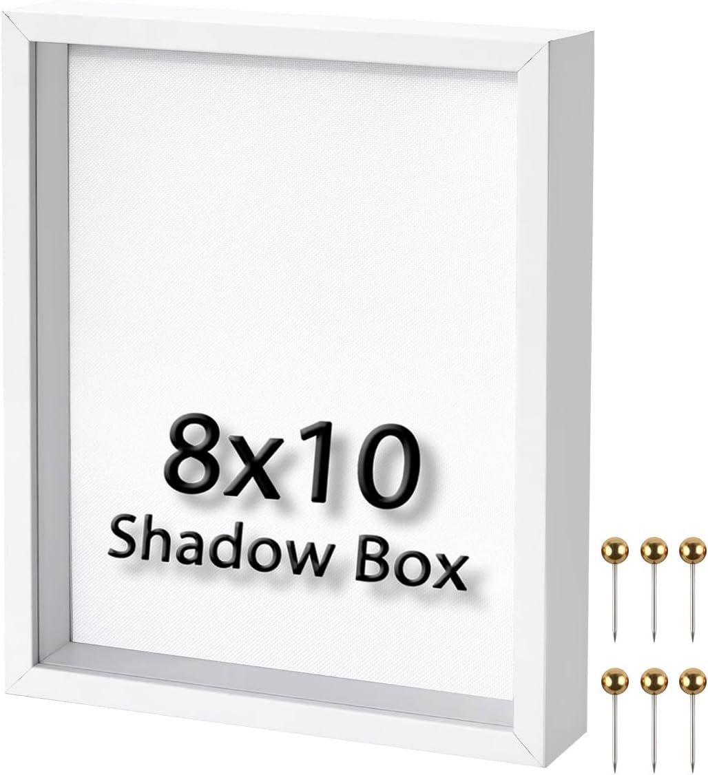 8x10 Shadow Box Frame | Soft Linen Back & Push Pins Included, Polystyrene Glass Memory Display Case for Flowers, Tickets & Cherished 3D Items, Black