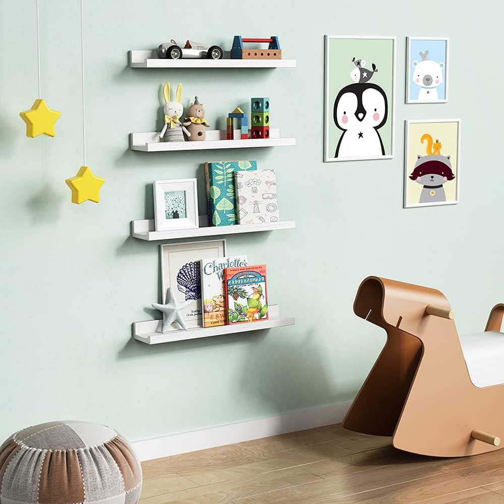 Forbena 36 Inch Floating Shelves for Wall 4-Pack, Large Nursery Book Shelves Bookshelf for Kids Bedroom, Long Picture Ledge Shelf with Lip for Living Room Photo Frames Art Display (White Solid Wood)