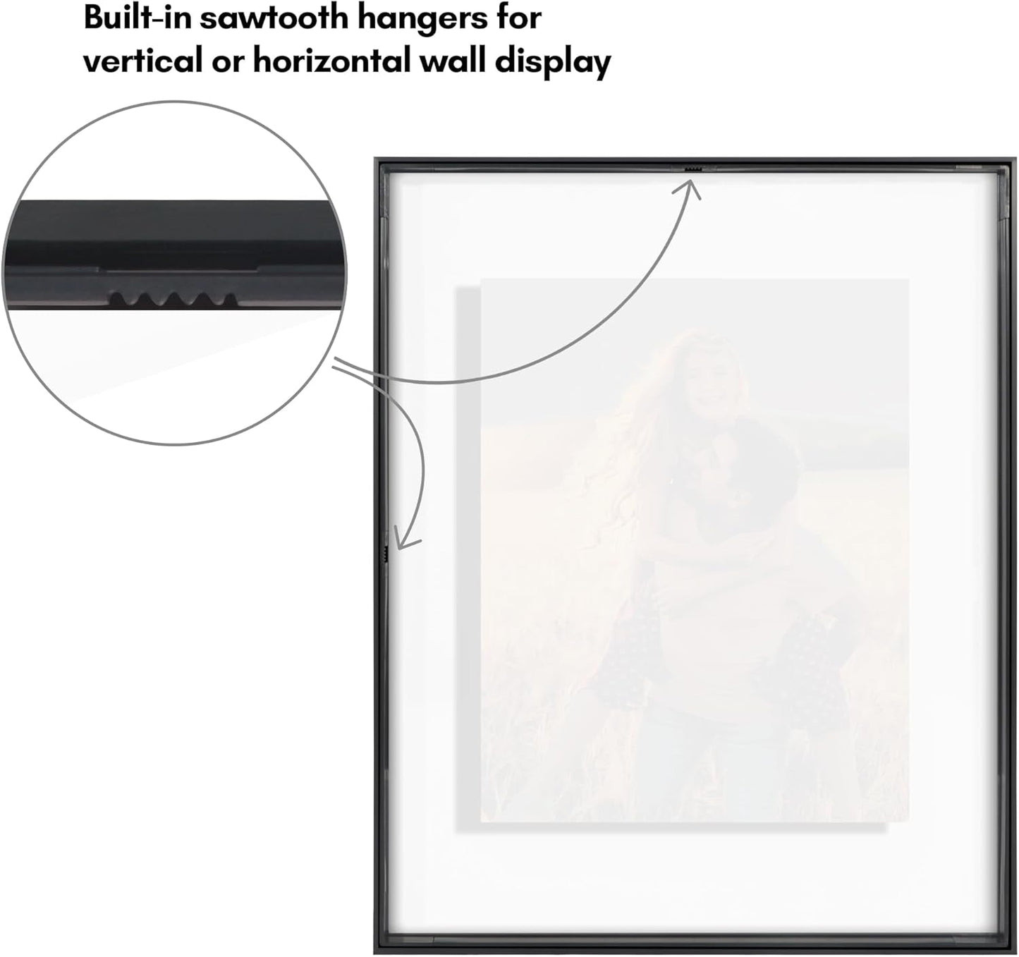 Americanflat Aluminum 11x14 Floating Picture Frame with Shatter-Resistant Glass - Use as 8x10 Picture Frame or Display 11x14 Photo - Signature Float Collection - Photo Frames for Wall Display - Black