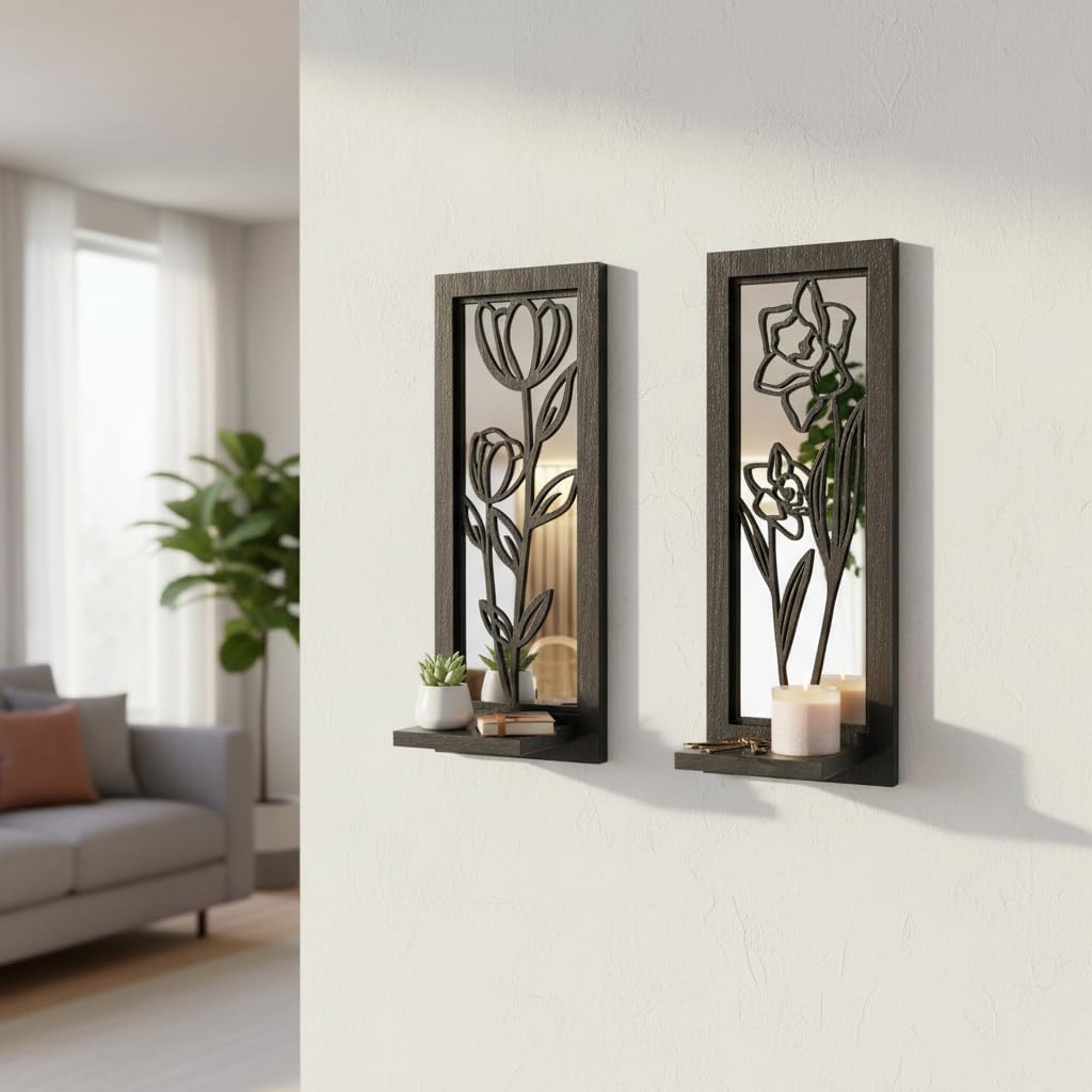 Wood Wall Sconce Candle Holder Set 2, Rustic Wall-Mount Candle Holders, Farmhouse Hanging Wall Décor, Carved Wood Frame, Mirrored Candle Holder (Distressed White)