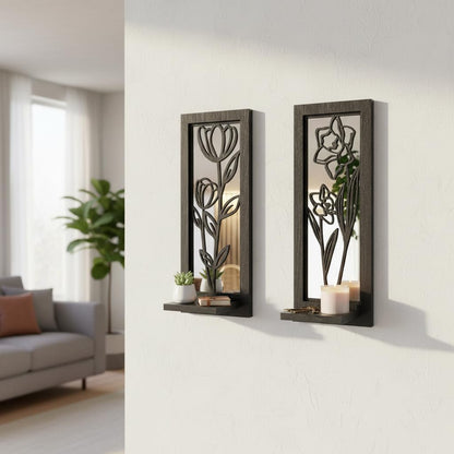 Wood Wall Sconce Candle Holder Set 2, Rustic Wall-Mount Candle Holders, Farmhouse Hanging Wall Décor, Carved Wood Frame, Mirrored Candle Holder (Distressed White)