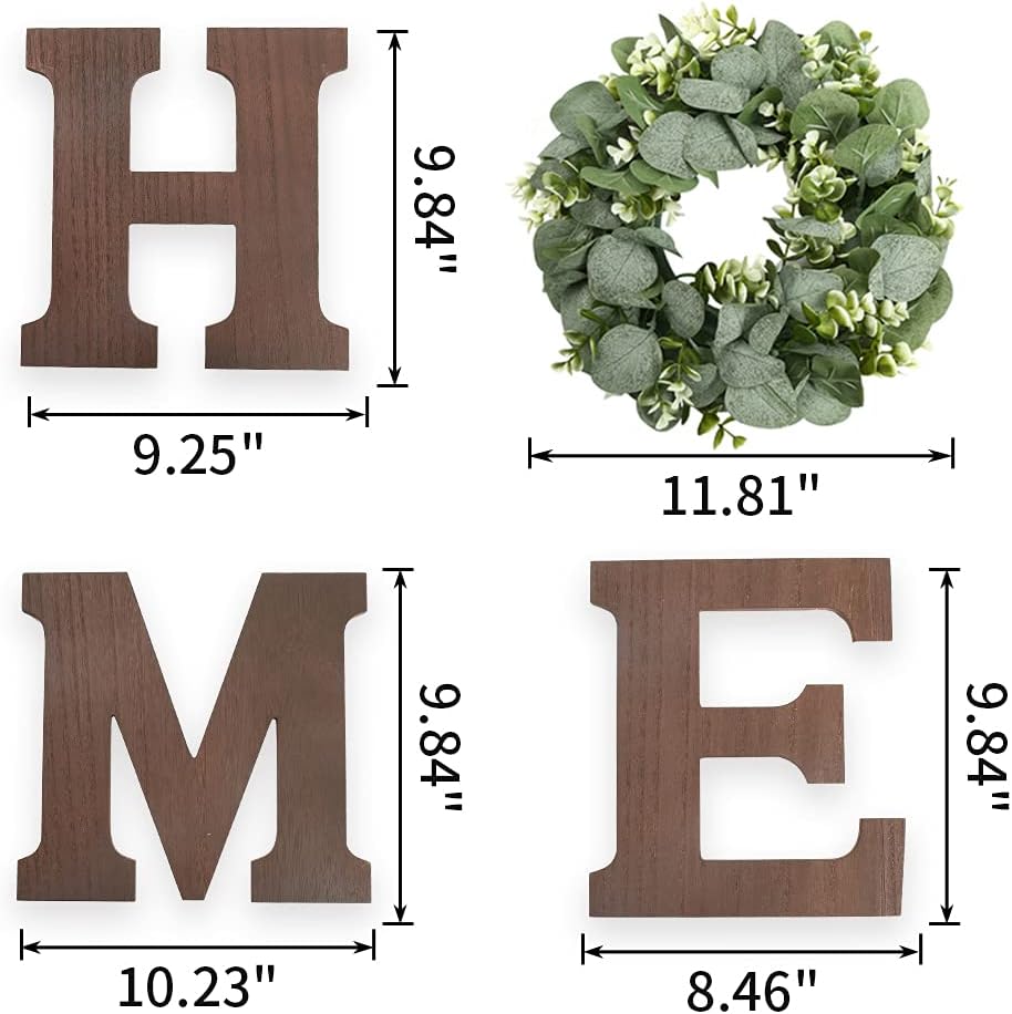 Pinkpum Wood Home Sign with Artificial Eucalyptus Wreath for O, Hanging Farmhouse Wall House Decor Wood Letters for Wall Art Rustic Home Decor, Wall Decor for Living Room Kitchen Entryway (Black)