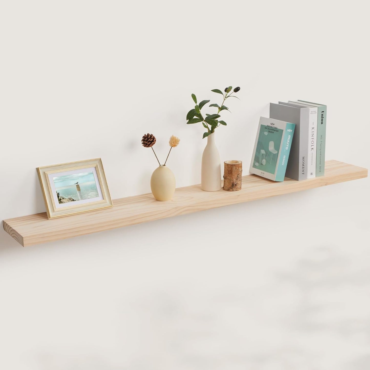 Floating Shelves 36 Inches Long - 8 Inch Deep Rustic Premium Solid Pine Wood for Storage - Farmhouse Wall Mounted for Living Room - Heavy-Duty Metal Bracket - 36" W x 8" D - Set of 2 - White Color