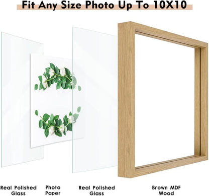 MUYE 11x14 Floating Frame Set of 2,Double Glass Rustic Frame,Display Any Size Photo up to 11x14,Wall Mount or Tabletop Standing,Natural