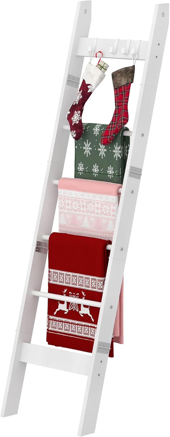 Hzuaneri Blanket Ladder for Living Room, Decorative Quilt Rack with 4 Removable Hooks, 5-Tier Farmhouse Ladder Holder Shelf Organizer for Bedroom, Rustic Brown and Black 02101BBR