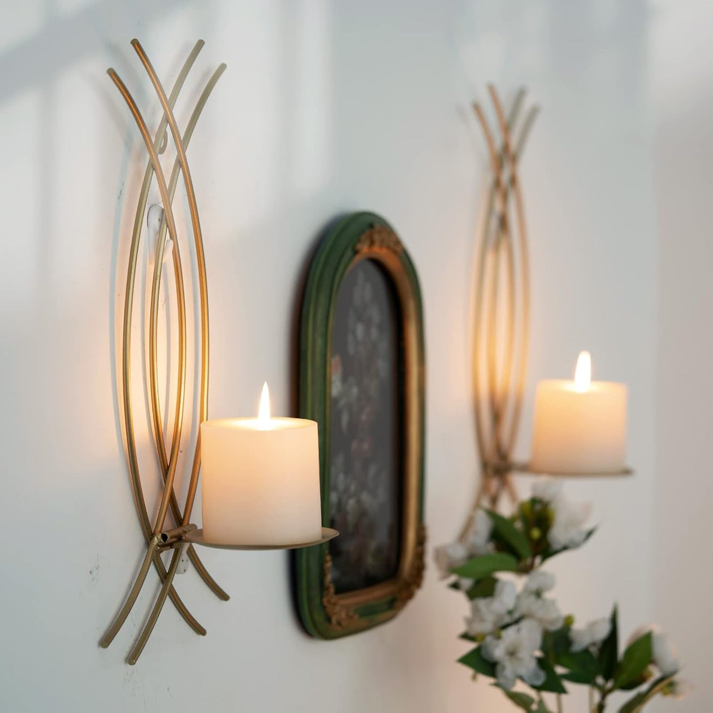 Gold Wall Sconce Set of 2, Metal Candle Holder, Modern Hanging Decoration for Living Room, Farmhouse,Wall Mounted Candelabra with Minimalist Lines,Gothic Antique Decor