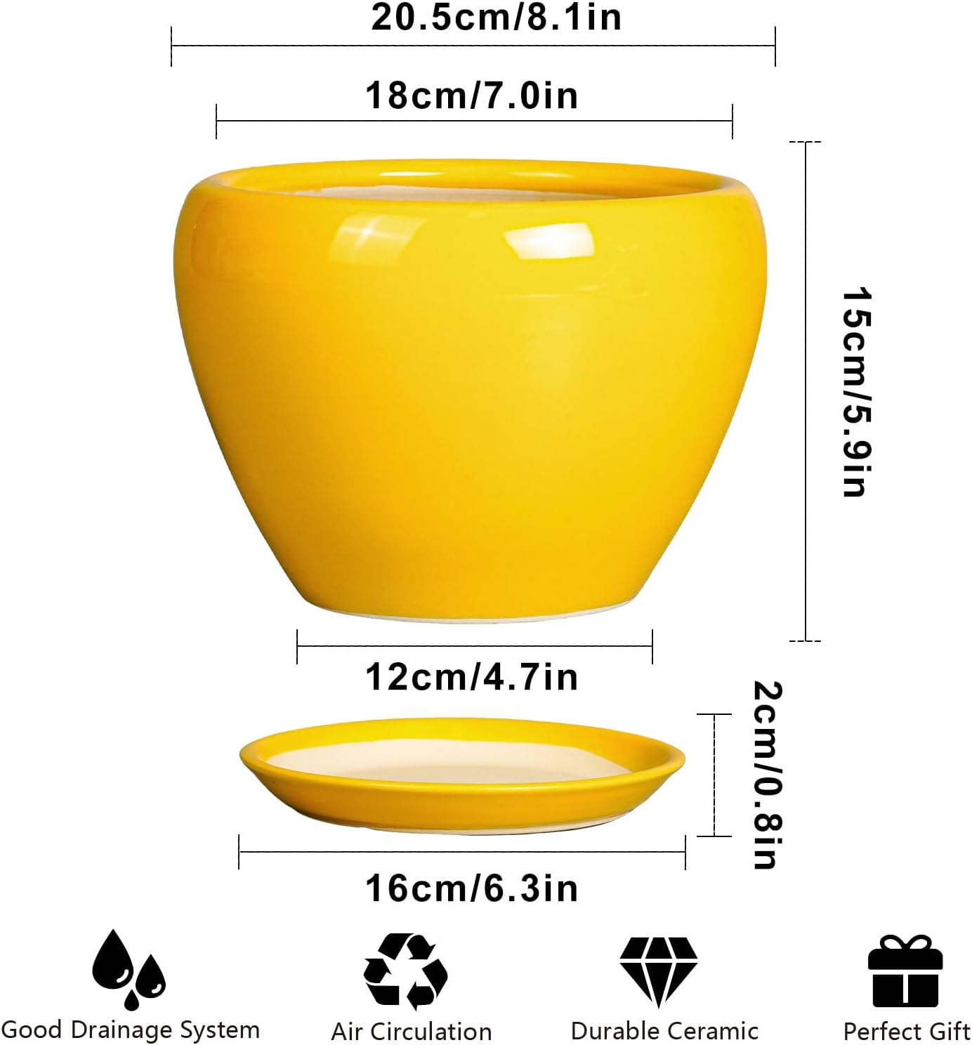 Ceramic Modern Glaze Succulent Planter Pot with Drainage Hole and Saucer 6 Inch Round Flower Plant Pot for Indoor Outdoor Herb Snake Plants