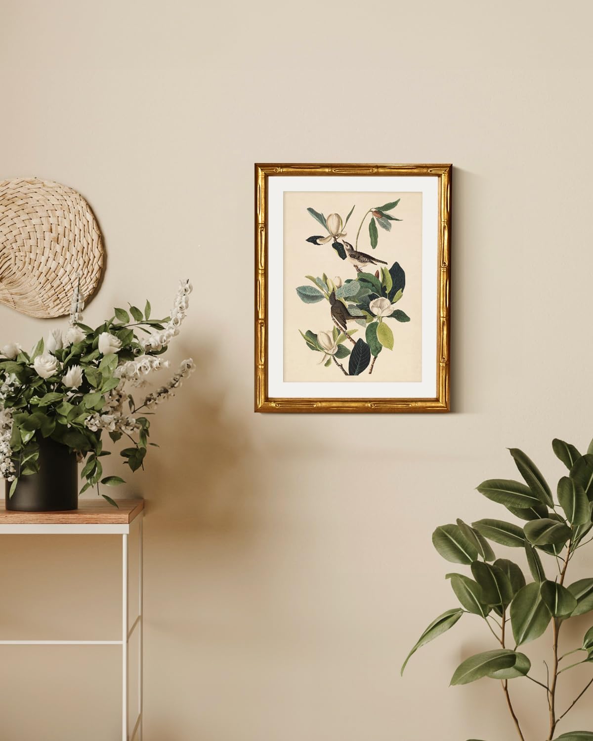 InSimSea Gold Bamboo Framed Canvas Wall Art, Retro Blue Hydrangea Botanical Prints, Antique Flowers Picture Frame with Mat, Victorian Home Wall Decor for Kitchen Living Room Bedroom, 11x14inch
