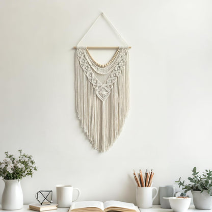 guzhiou Macrame Wall Hanging Boho Geometric Woven Tapestry Cotton Handmade Bohemian Art Decor with Wood Bead Wall Decor for Bedroom Living Room Apartment Nursery 31.5" L x 17" W (Wood bead-B)