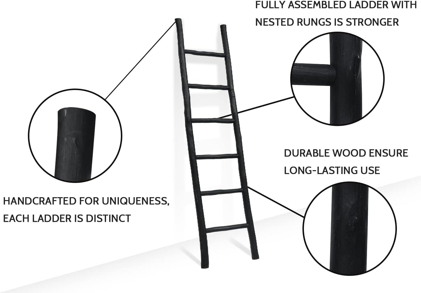 FUIN 57in Wood Blanket Ladder Living Room Decorative Wall Leaning Farmhouse Quilt Display Holder Rustic Wooden Towel Rack for Bathroom, Brown