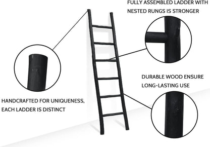 FUIN 57in Wood Blanket Ladder Living Room Decorative Wall Leaning Farmhouse Quilt Display Holder Rustic Wooden Towel Rack for Bathroom, Brown