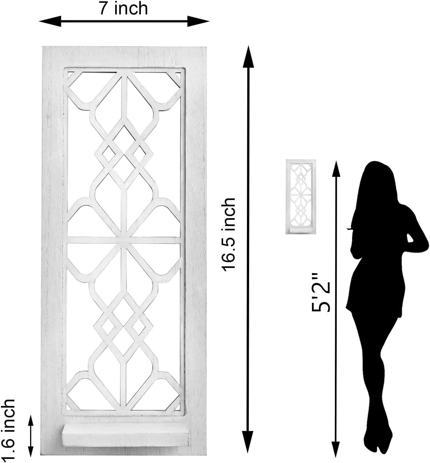 Wood Wall Sconce Candle Holder Set 2, Rustic Wall-Mount Candle Holders, Farmhouse Hanging Wall Décor, Carved Wood Frame, Mirrored Candle Holder (Distressed White)