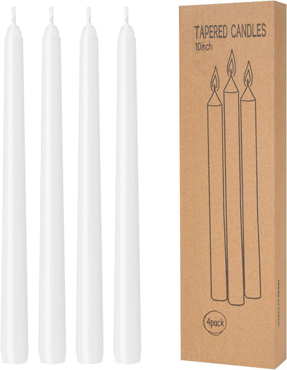 4 Pack Ivory Taper Candles - Taper Candles 10 Inch Dripless, Smokeless & Unscented - 8 Hours Long Burning - Hand Poured Tall Candlesticks - Ideal for Weddings, Dinner Parties, and Home Decor