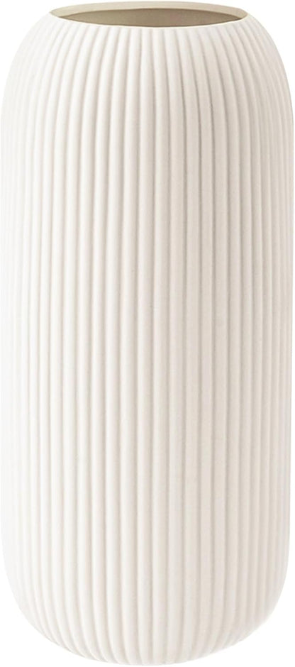 Ceramic Vase for Flowers – Modern Small Ribbed Textured Flower Vase for Home Decor, Pampas Grass, Decorative, Farmhouse, Coffee Table, Kitchen Centerpieces, Bookshelf and Home Living (White)
