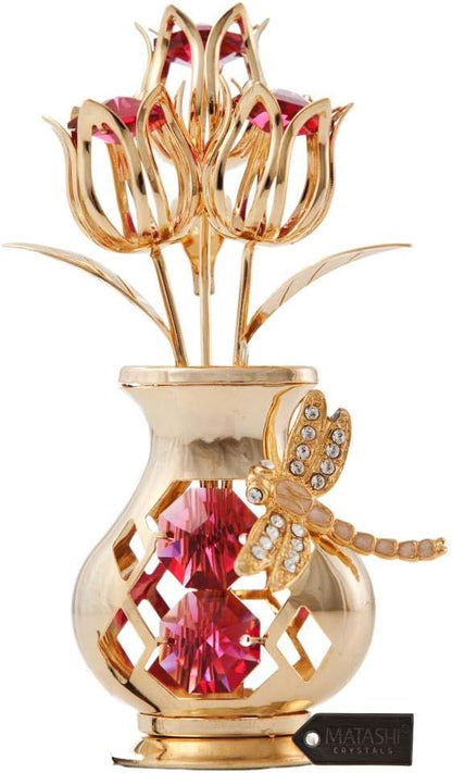 Matashi 24K Gold Plated Crystal Flower Figurine with Clear Crystals & Butterfly – Luxury Decorative Tulip Statue, Elegant Tabletop Home Décor, for Mother's Day, Valentine's Day, Christmas