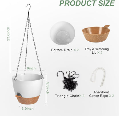 Vanslogreen Hanging Planters for Indoor Outdoor Plants, 2 Pack Self Watering Hanging Pot with Drainage Holes & Removable Tray (Black, 8'')