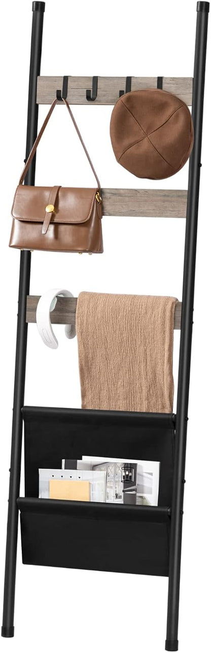 HOOBRO Blanket Ladder, 5 Tier Towel Rack, 17.3" L x 63" H, Wall-Leaning Blanket Rack for Living Room, Decorative Ladder with 4 Hooks and Magazine Pocket, Rustic Brown BF32CJ01