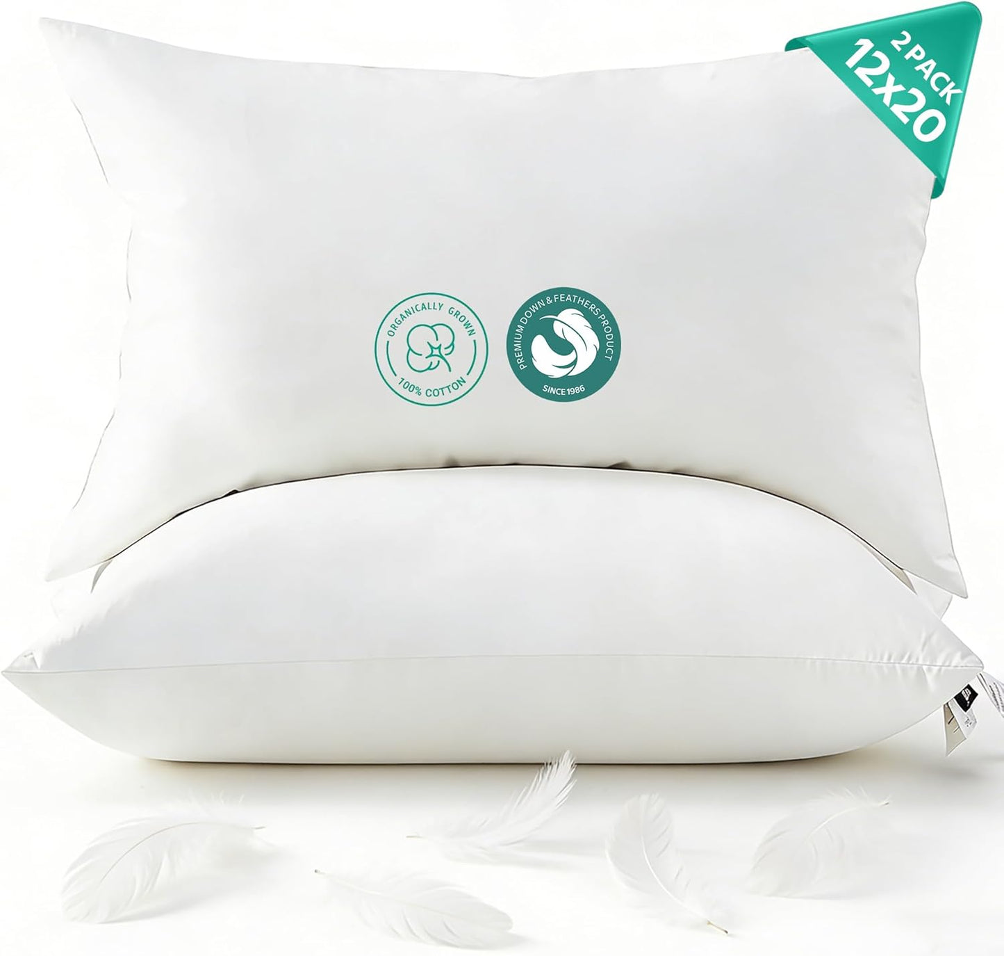 APSMILE Organic Cotton Goose Feather Down Plus Throw Pillow Inserts, 18x18 Inch Set of 2, Soft Supportive Square Decorative Pillow Forms for Couch, Sofa, Bed