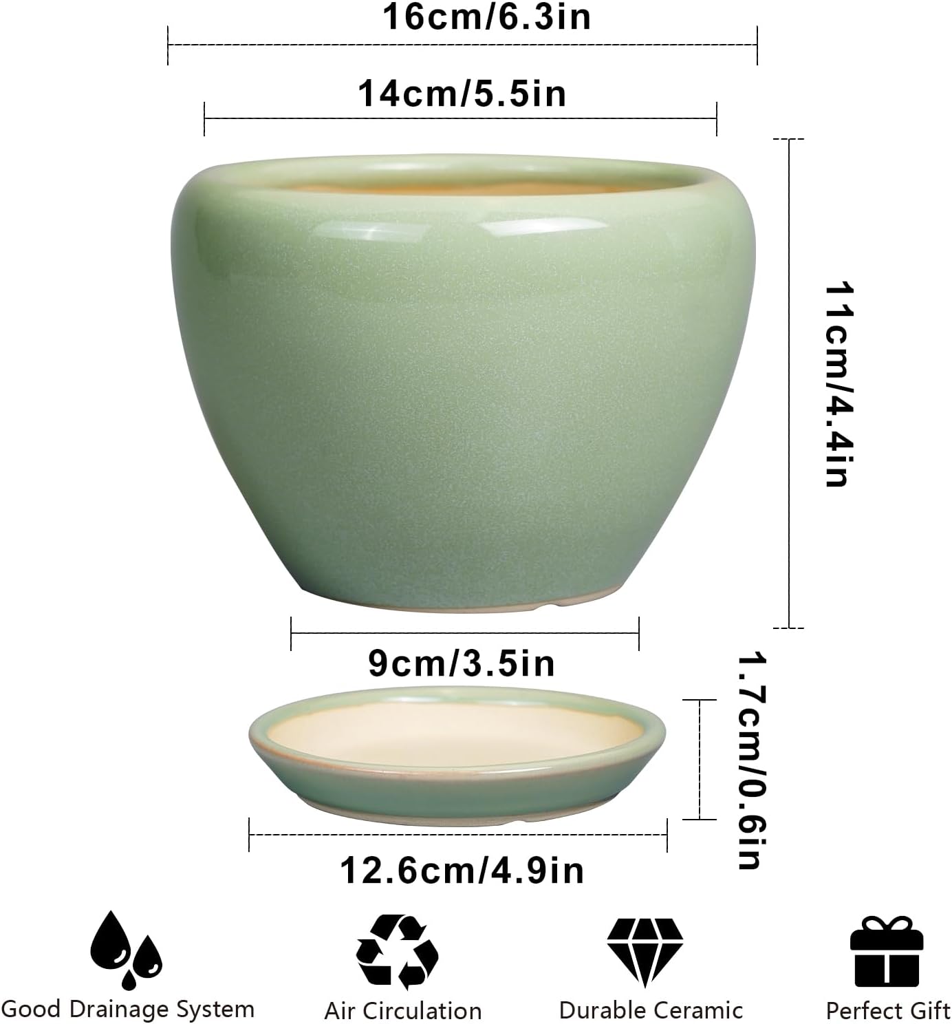 Ceramic Modern Glaze Succulent Planter Pot with Drainage Hole and Saucer 6 Inch Round Flower Plant Pot for Indoor Outdoor Herb Snake Plants
