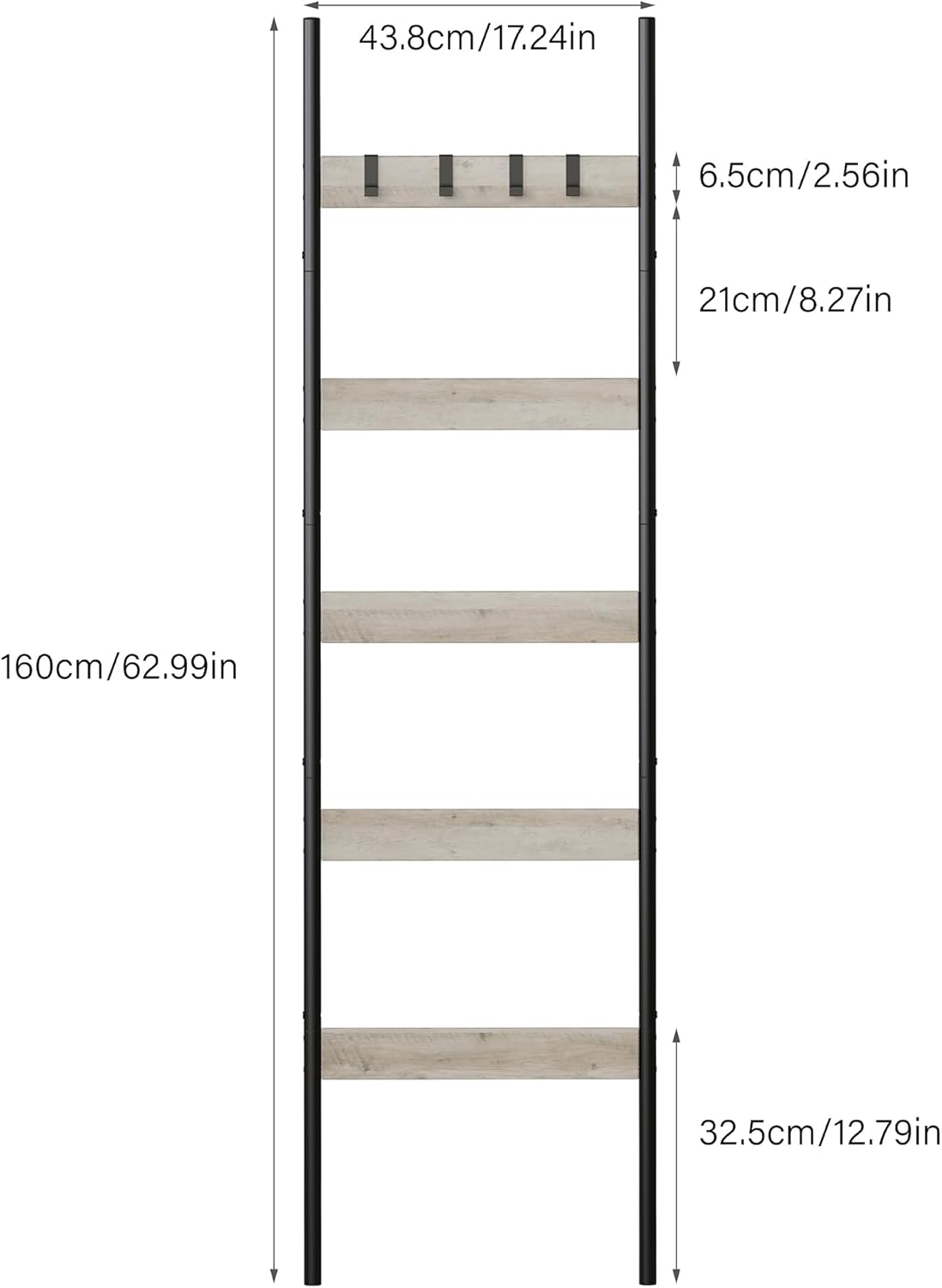 Blanket Ladder, 5-Tier Towel Holder with 4 Removable Hooks, Farmhouse Wall Leaning Decorative Rack Shelf, Wooden Towel Display Rack, Quilt Ladder for Living Room, Bedroom, Rustic Brown