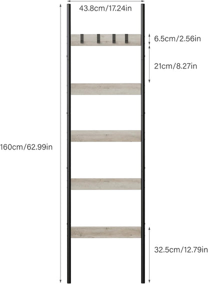 Blanket Ladder, 5-Tier Towel Holder with 4 Removable Hooks, Farmhouse Wall Leaning Decorative Rack Shelf, Wooden Towel Display Rack, Quilt Ladder for Living Room, Bedroom, Rustic Brown