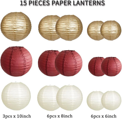 Paper Lanterns Decorative, Round Hanging Paper Lanterns Decorations for Rustic Party Bridal Shower Wedding Sage Green Birthday Party Supplies Gold/Ivory/Sage Green 15pcs