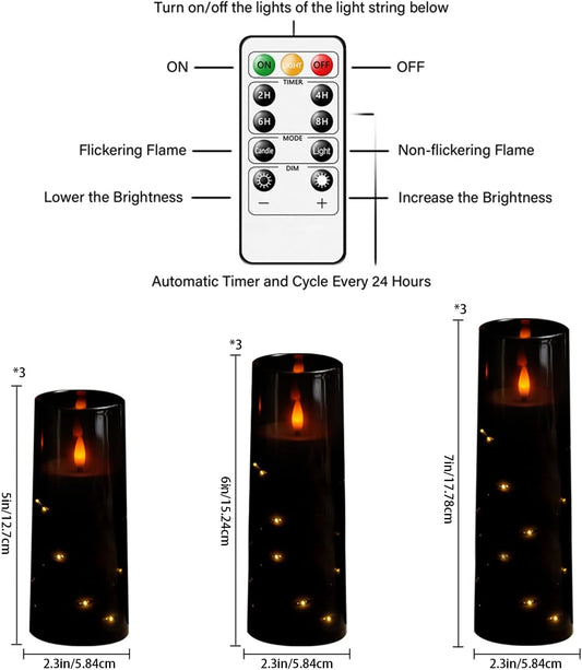 Nimiko Flickering Flameless LED Candles, 9 Pcs with Embedded Star String, Acrylic LED Pillar Candles with Remote, Suitable for Home Decoration (White)