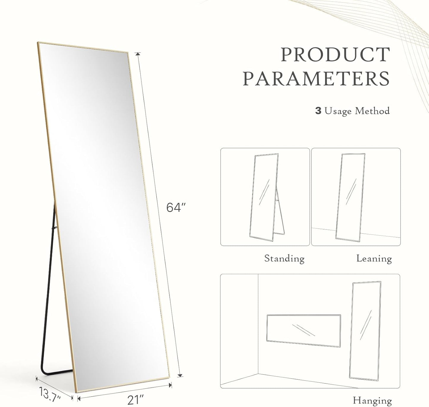 Mirror Full Length, Upgraded Body Wall Mirrors with Shatter-Proof Glass, Floor Standing, Hanging or Leaning, Tall Mirror with Stand Aluminum Alloy Frame for Bedroom