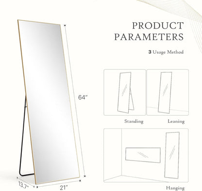 Mirror Full Length, Upgraded Body Wall Mirrors with Shatter-Proof Glass, Floor Standing, Hanging or Leaning, Tall Mirror with Stand Aluminum Alloy Frame for Bedroom