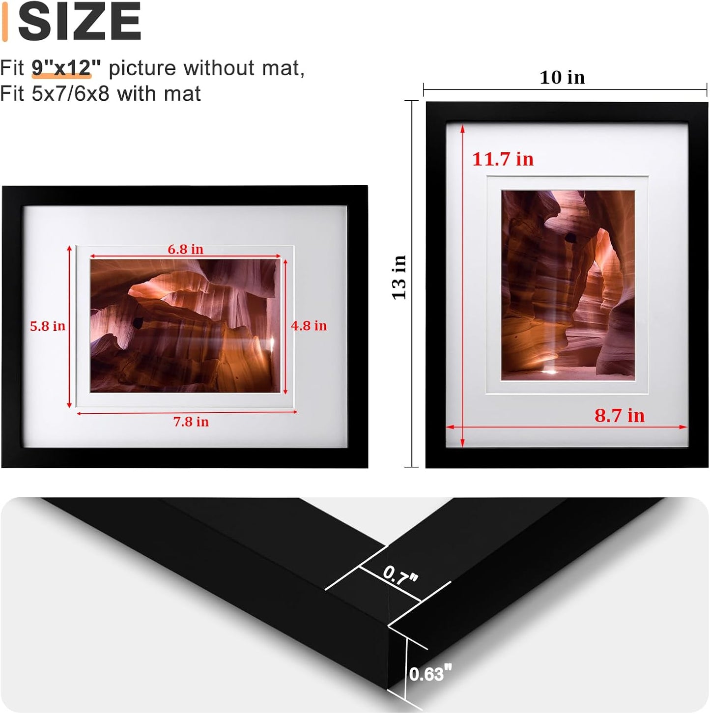 Egofine 12x16 Picture Frame Black, Covered by Plexiglass Made of Solid Wood, Display Pictures 9x12 and 11x14 with Mat or 12x16 Without Mat, for Wall Mounting Photo Frame - Colors B