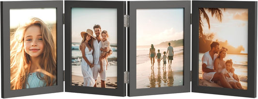 WARM&LOVE 6 Picture Frame, 4x6 & 4x4 Six Folding Hinged Photo Frames, Rustic Wood Desk Family Photo Collage Stand Vertical on Tabletop for Birthday Family Lover Gift (Black)