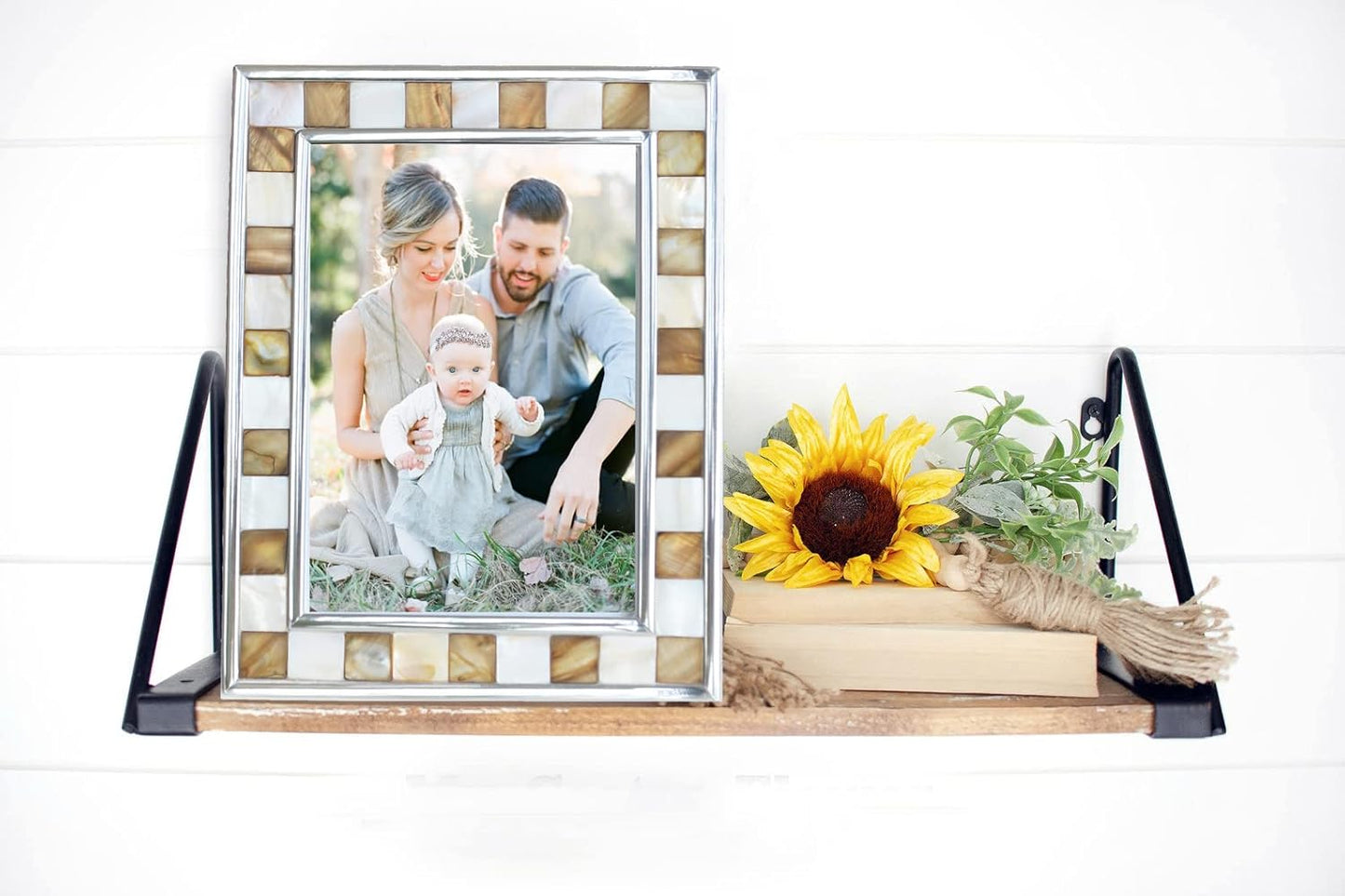 Silver Plate Picture Frame 5x7 Mother of Pearl 5 by 7 Photo Frame Mosaic Glass Tabletop Frame (Grey+ White,1pc)