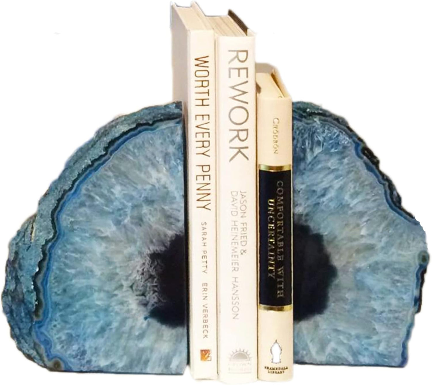 JIC Gem Dyed Blue Agate Bookends Geode Decorative Book Ends for Heavy Books with Rubber Bumpers for Office and Home Decoration Polished Small Size 2 to 3 Lbs